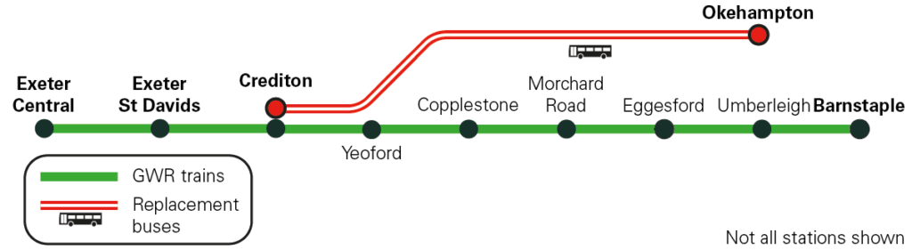 Rail graphic showing replacement buses between Crediton and Okehampton