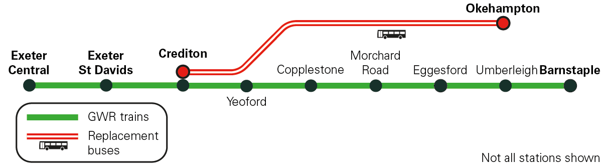 Rail graphic showing replacement buses between Crediton and Okehampton