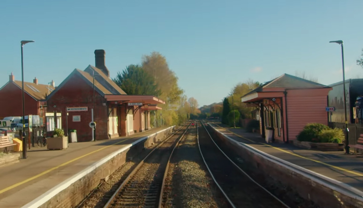 Crediton station as seen from the train driver's cab