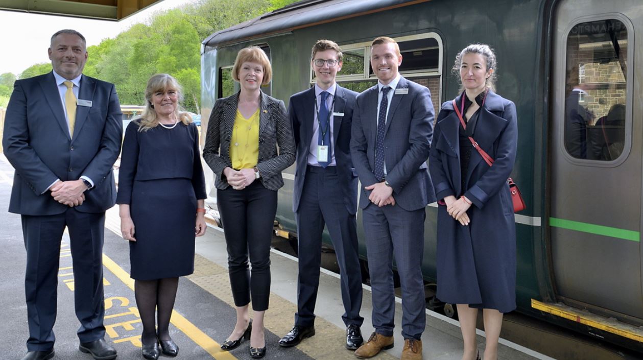 Rail Minister Wendy Morton (third from left) visits Okehampton station