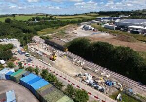 Train at the under-construction Okehampton Interchange station